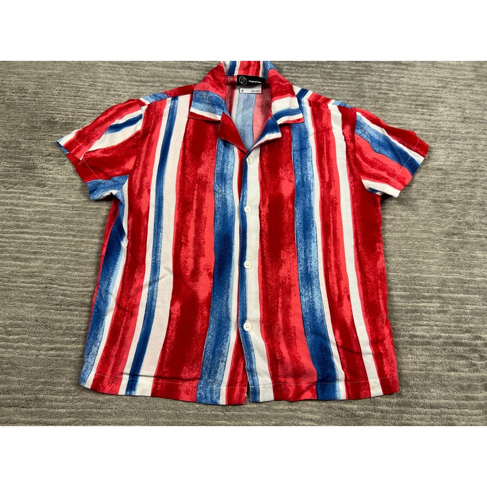 Original Use Button Down Mens S Red White Blue Striped Camp Collar Rayon Shirt